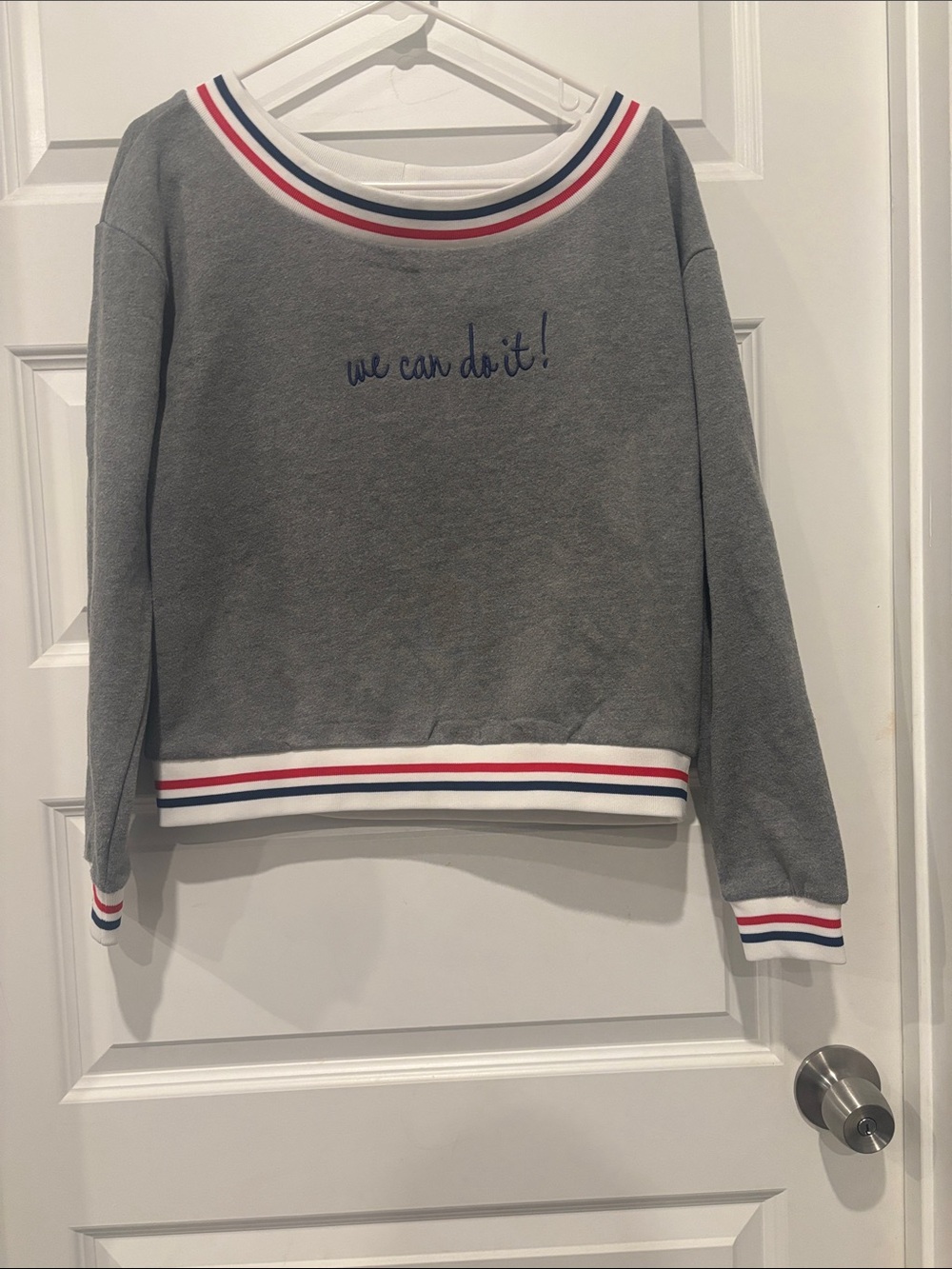 American Apparel Gray Crewneck Sweater with Red, White & Blue Trim